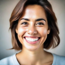 A portrait of a person looking extremely happy and cheerful, with sparkling eyes and a radiant smile brimming with positivity