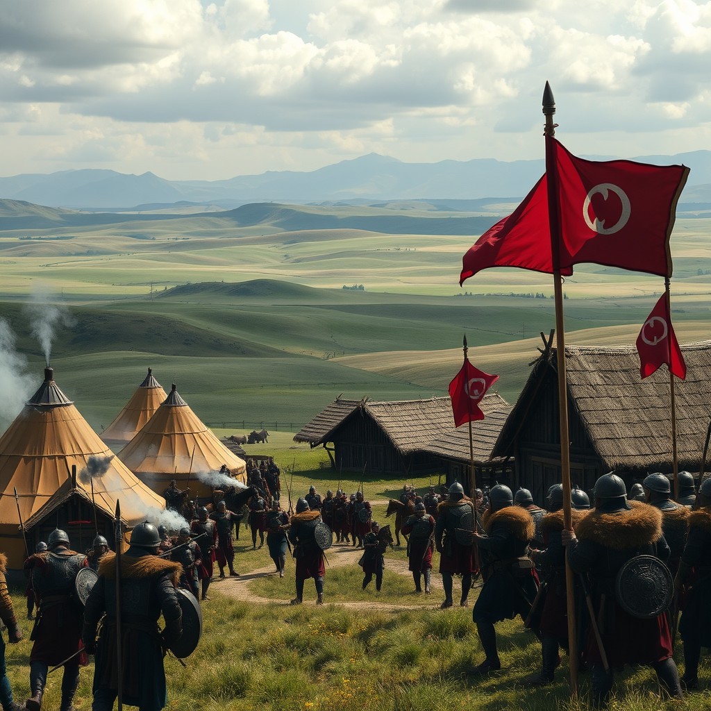 A dramatic medieval landscape depicting a village that has recently been conquered by Genghis Khan's forces