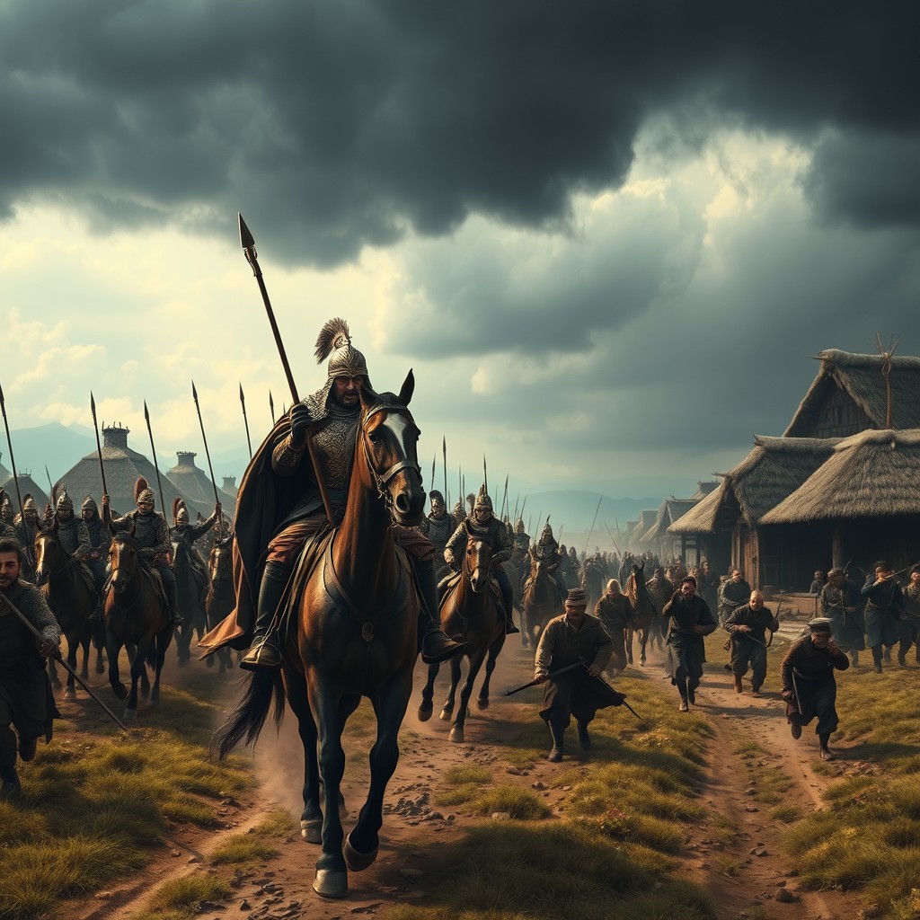 A tense medieval landscape showing a village that is about to be conquered by Genghis Khan and his formidable army
