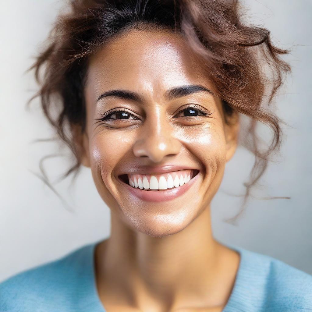 A portrait of a person looking extremely happy and cheerful, with sparkling eyes and a radiant smile brimming with positivity