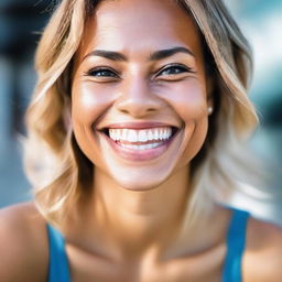 A portrait of a person looking extremely happy and cheerful, with sparkling eyes and a radiant smile brimming with positivity