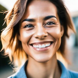 A portrait of a person looking extremely happy and cheerful, with sparkling eyes and a radiant smile brimming with positivity