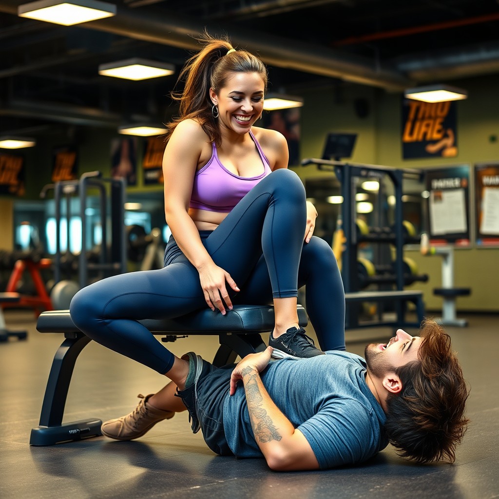 A humorous and playful scene at a gym featuring a woman in stylish yoga pants, posed in a lighthearted manner while sitting on a workout bench, playfully facing a male friend lying below her