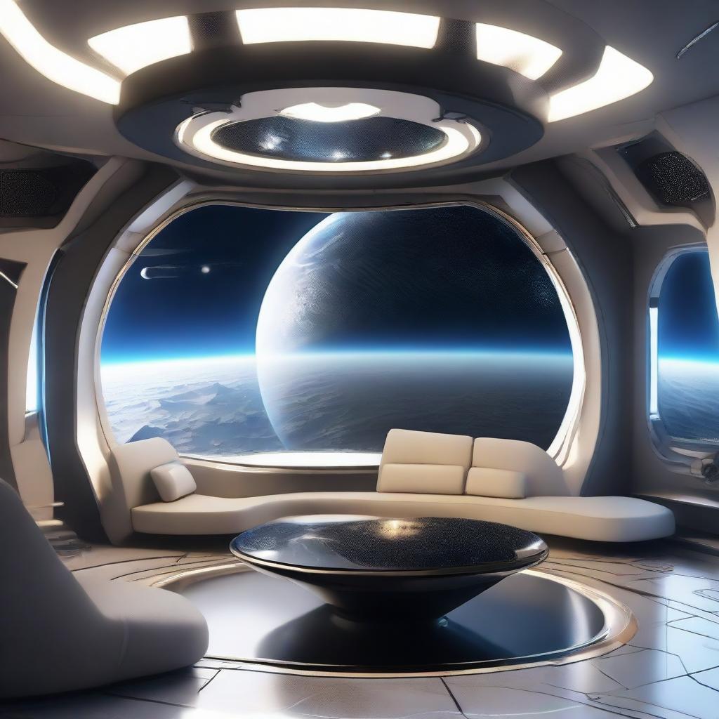 Futuristic spaceship apartment orbiting an Earth-like planet, with a grand viewport revealing a stunning view of a distant galaxy and neighbouring stars.