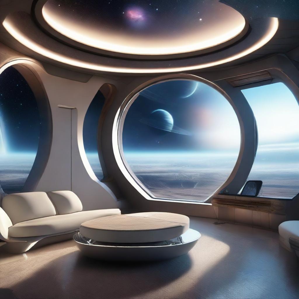 Futuristic spaceship apartment orbiting an Earth-like planet, with a grand viewport revealing a stunning view of a distant galaxy and neighbouring stars.