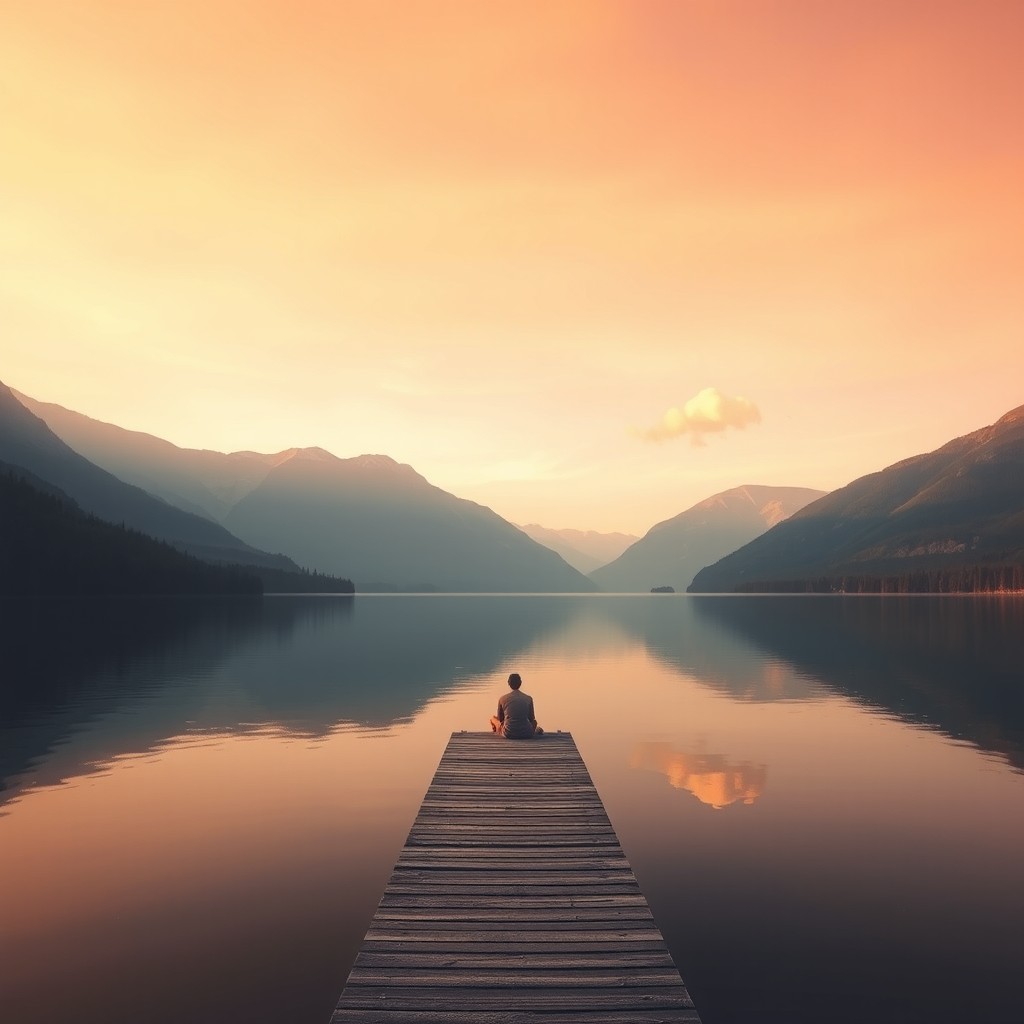 A serene landscape featuring a peaceful lake surrounded by lush mountains, with a sunset casting warm golden hues over the scene