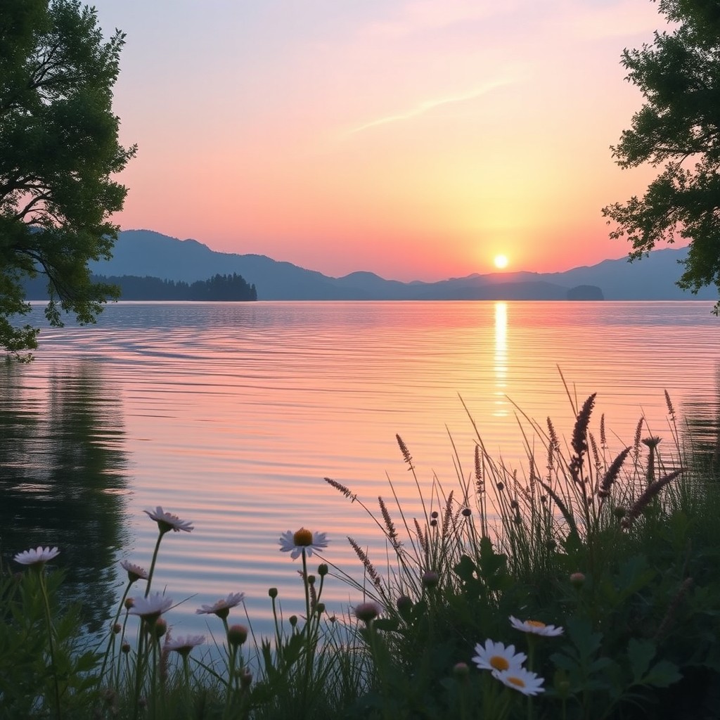 A serene landscape featuring a beautiful sunrise over a tranquil lake, with soft pastel colors reflecting on the water's surface
