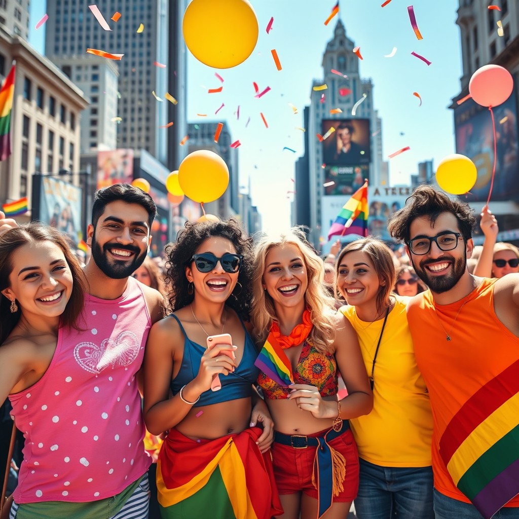 A vibrant and colorful scene featuring a group of diverse, attractive friends celebrating at a pride event