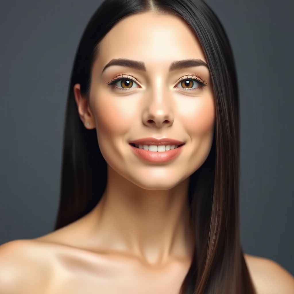A beautiful lady standing confidently facing forward, featuring fair white skin and a soft oval-shaped face that exhibits smooth contours and balanced proportions for an elegant look