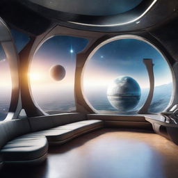 Futuristic spaceship apartment orbiting an Earth-like planet, with a grand viewport revealing a stunning view of a distant galaxy and neighbouring stars.