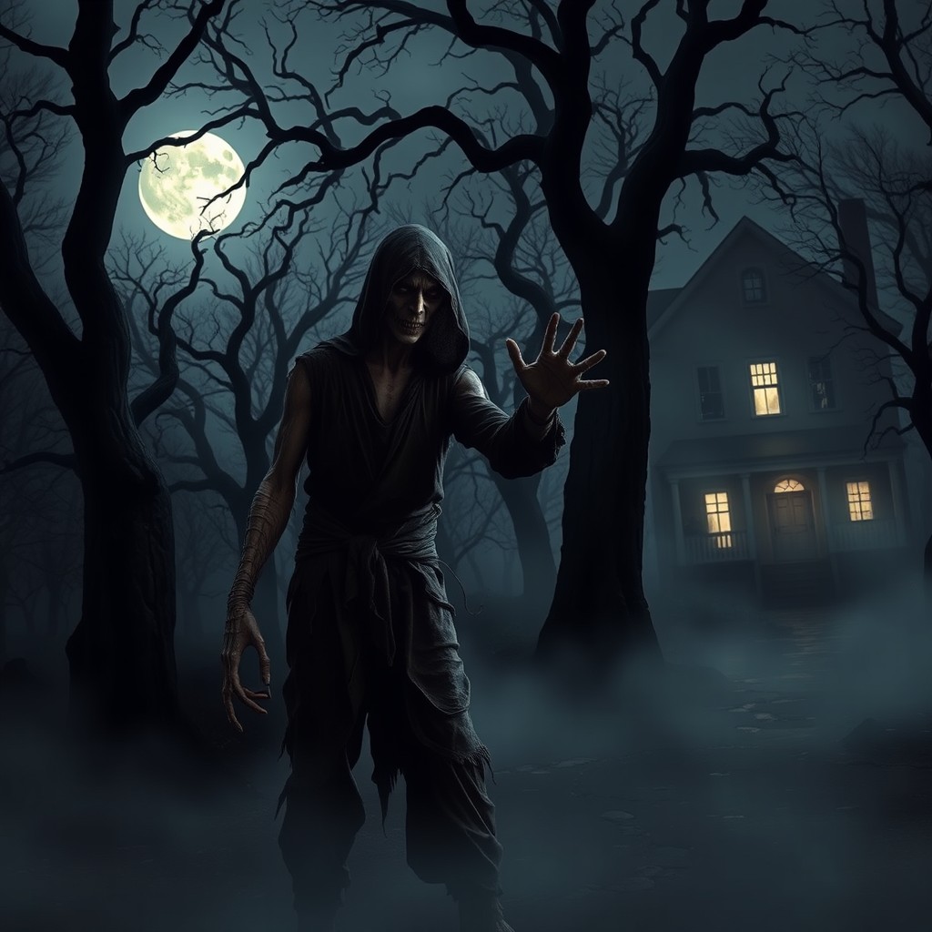 A chilling horror scene set in a dimly lit, eerie forest with twisted trees silhouetted against a haunting full moon