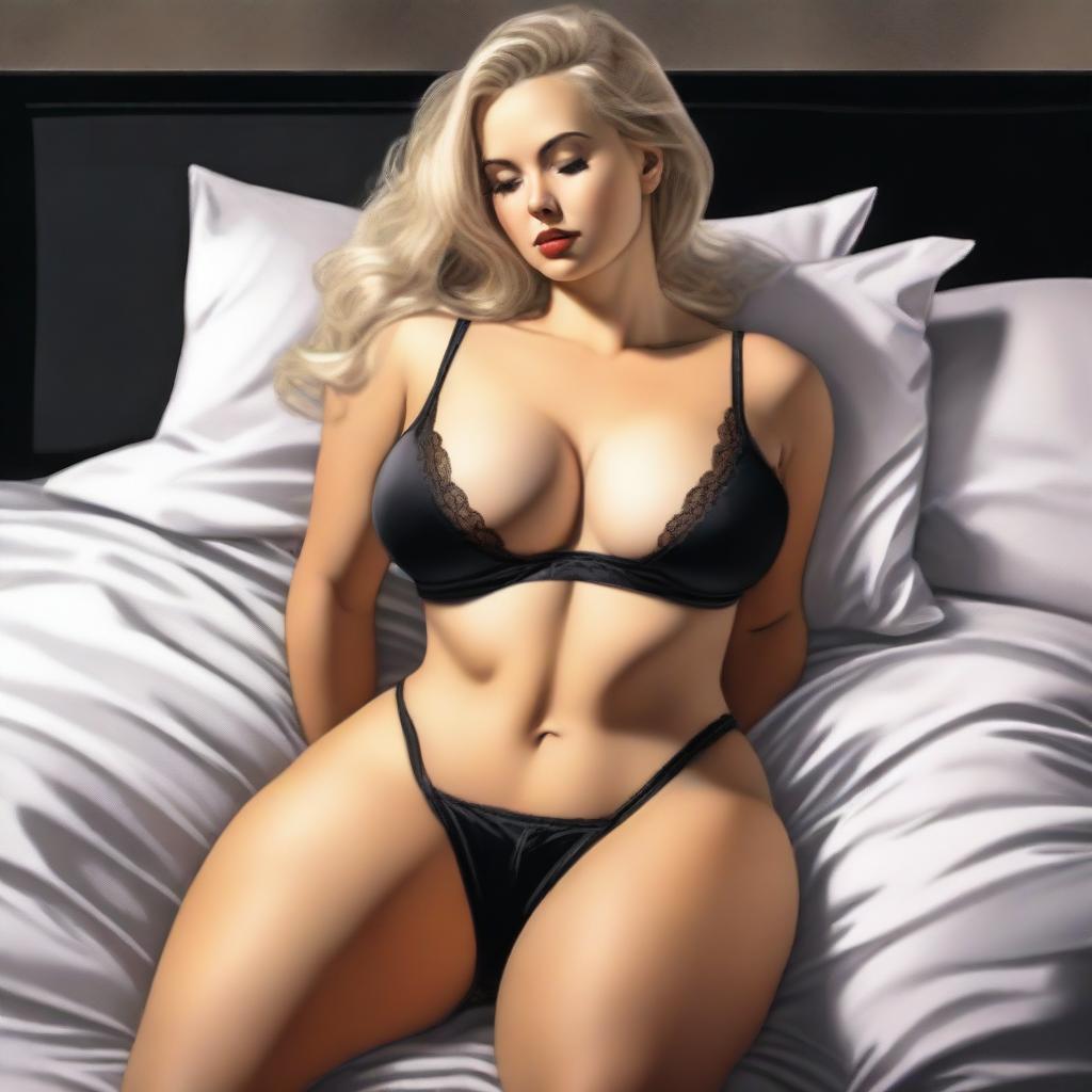 A high-quality digital art piece showcases a seductive blonde woman in black underwear, lying on a bed