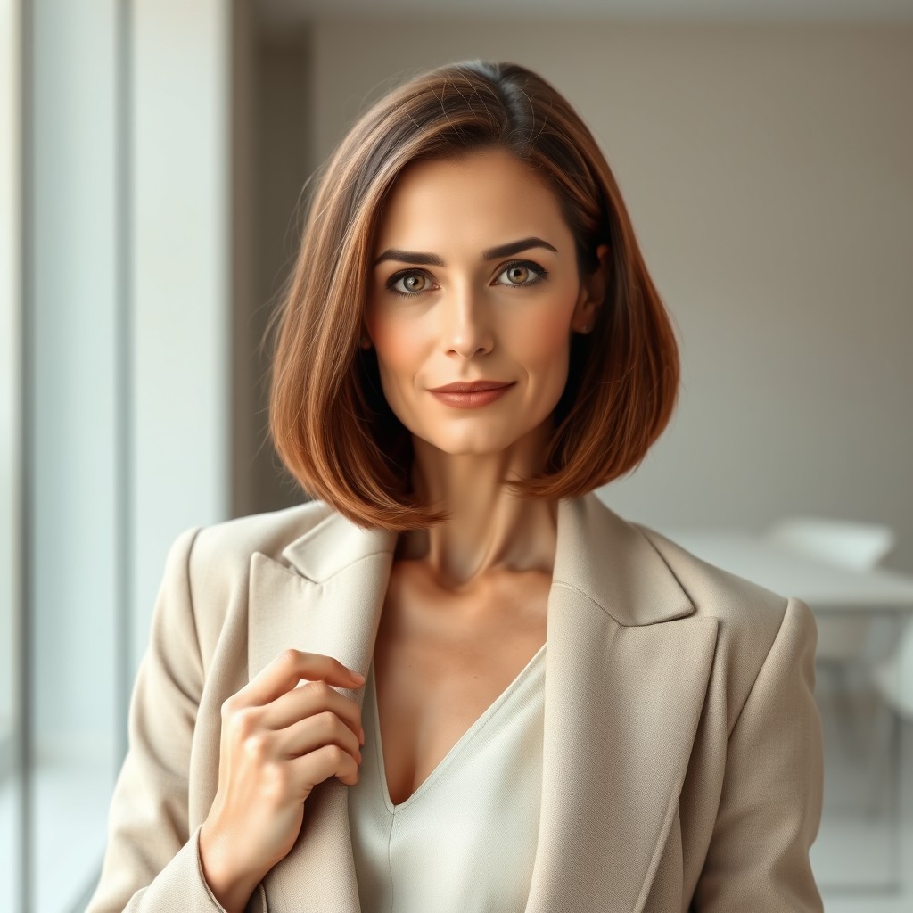 A photorealistic portrait of a 48-year-old woman with Slavic features and aristocratic facial traits