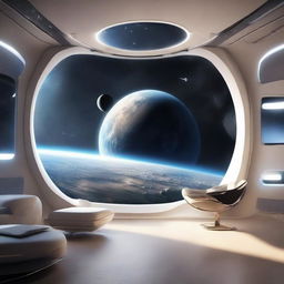 Futuristic spaceship apartment orbiting an Earth-like planet, with a grand viewport revealing a stunning view of a distant galaxy and neighbouring stars.