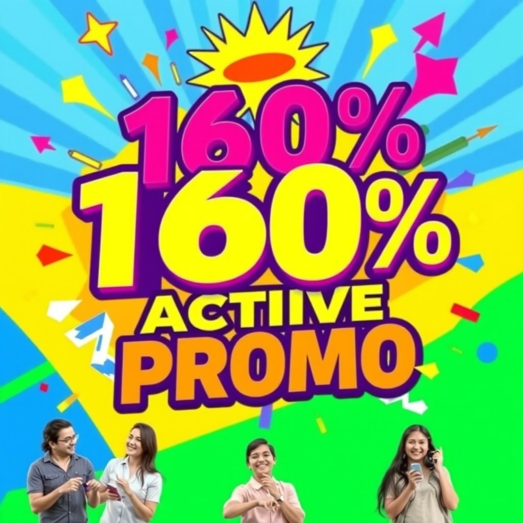 A vibrant and eye-catching promotional poster boasting a '160% Active Promo' tagline in bold letters