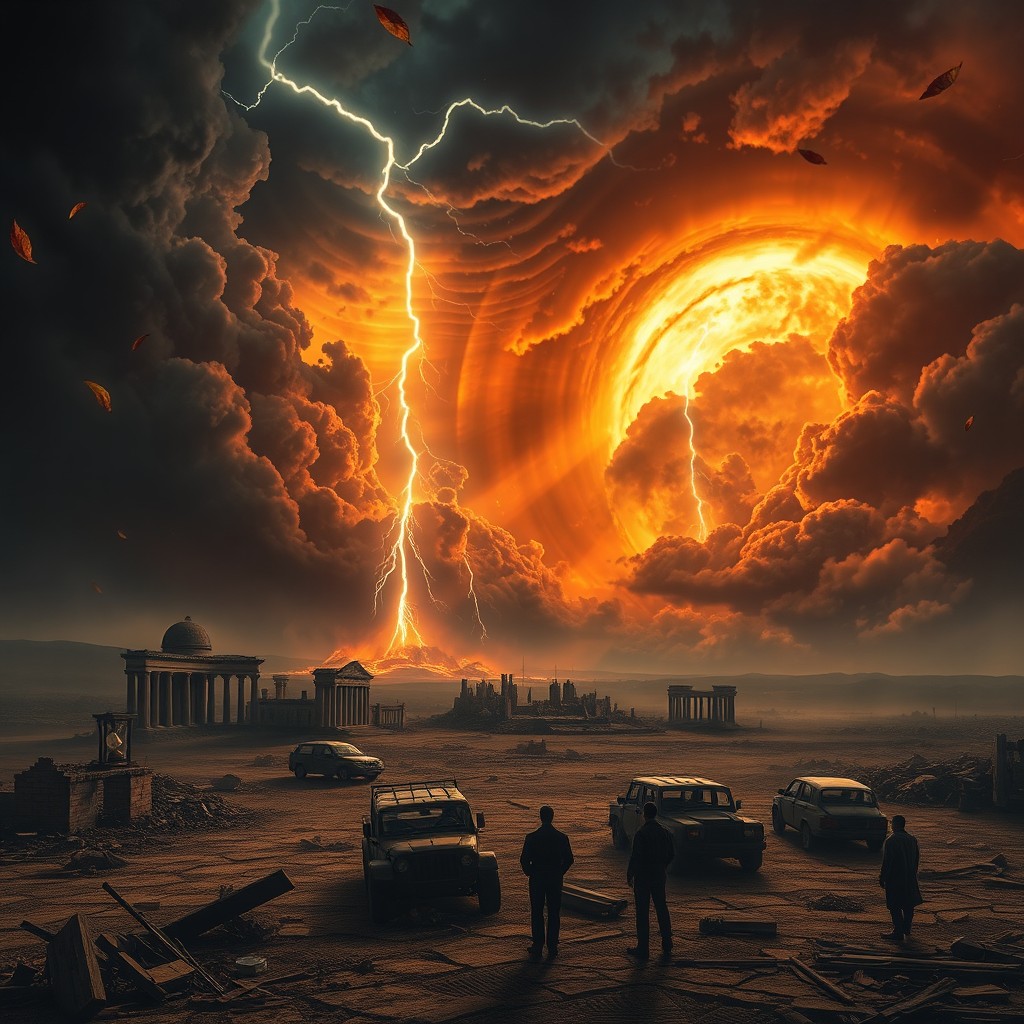 A dramatic and intense scene representing the end of times, showcasing a fiery sky with dark ominous clouds, lightning striking down, and a vast landscape filled with destruction