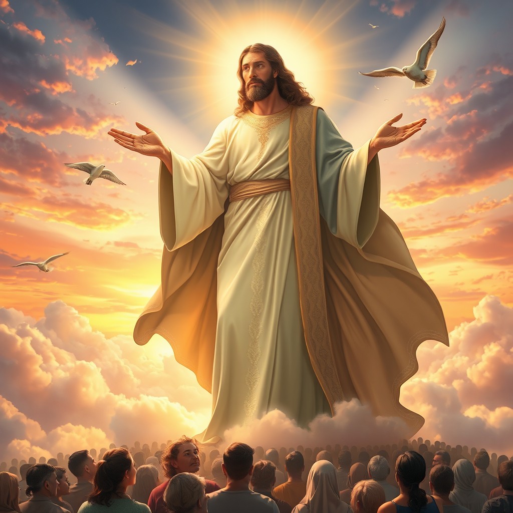 A serene and majestic depiction of a divine savior figure, glowing with an ethereal light, standing atop a radiant hill, surrounded by gentle clouds