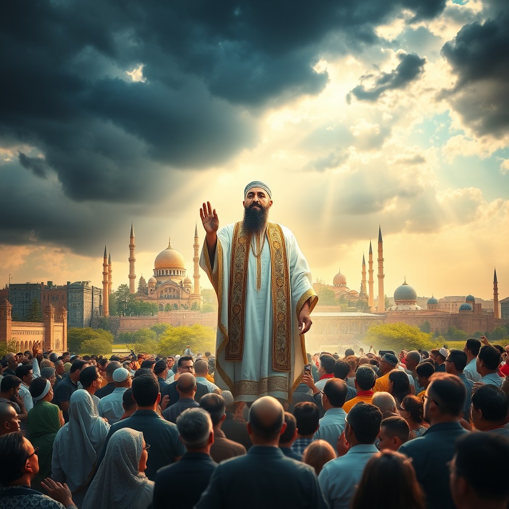 A majestic scene depicting the appearance of Imam Mahdi, set against a dramatic sky with sunlight breaking through dark clouds