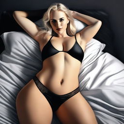 This high-quality digital artwork captures a seductive blonde woman, adorned in black underwear, lying on a bed