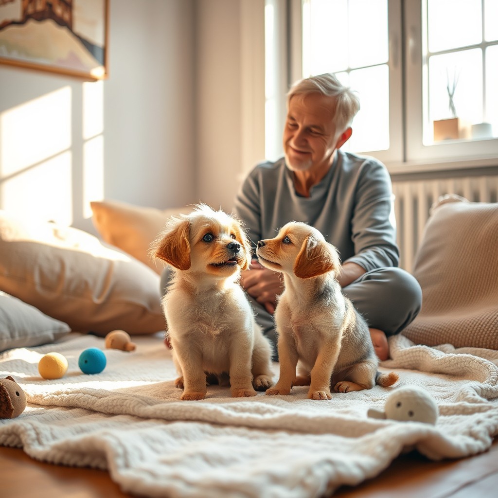 A heartwarming scene of a little dog sitting on a cozy blanket in a sunlit room, gazing lovingly at its owner