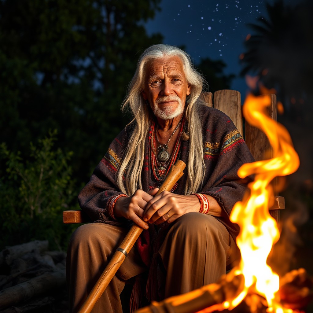 A wise indigenous elderly man sitting on a wooden chair by a campfire, surrounded by nature