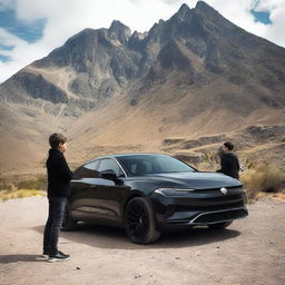 A sleek, black car parked in a rugged mountain area with a young boy standing nearby, curiously examining it.