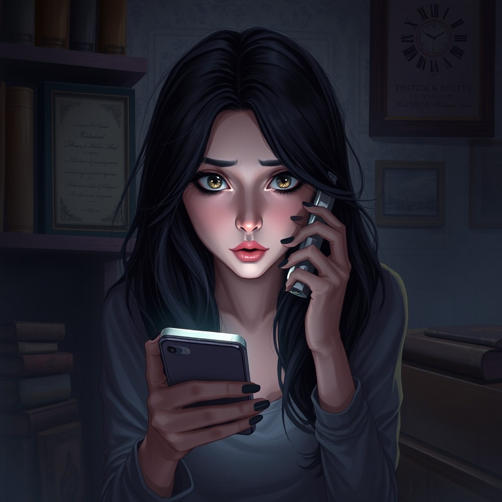 A digital illustration depicting a mysterious woman receiving a phone call in a dimly lit room, surrounded by old books and vintage decor