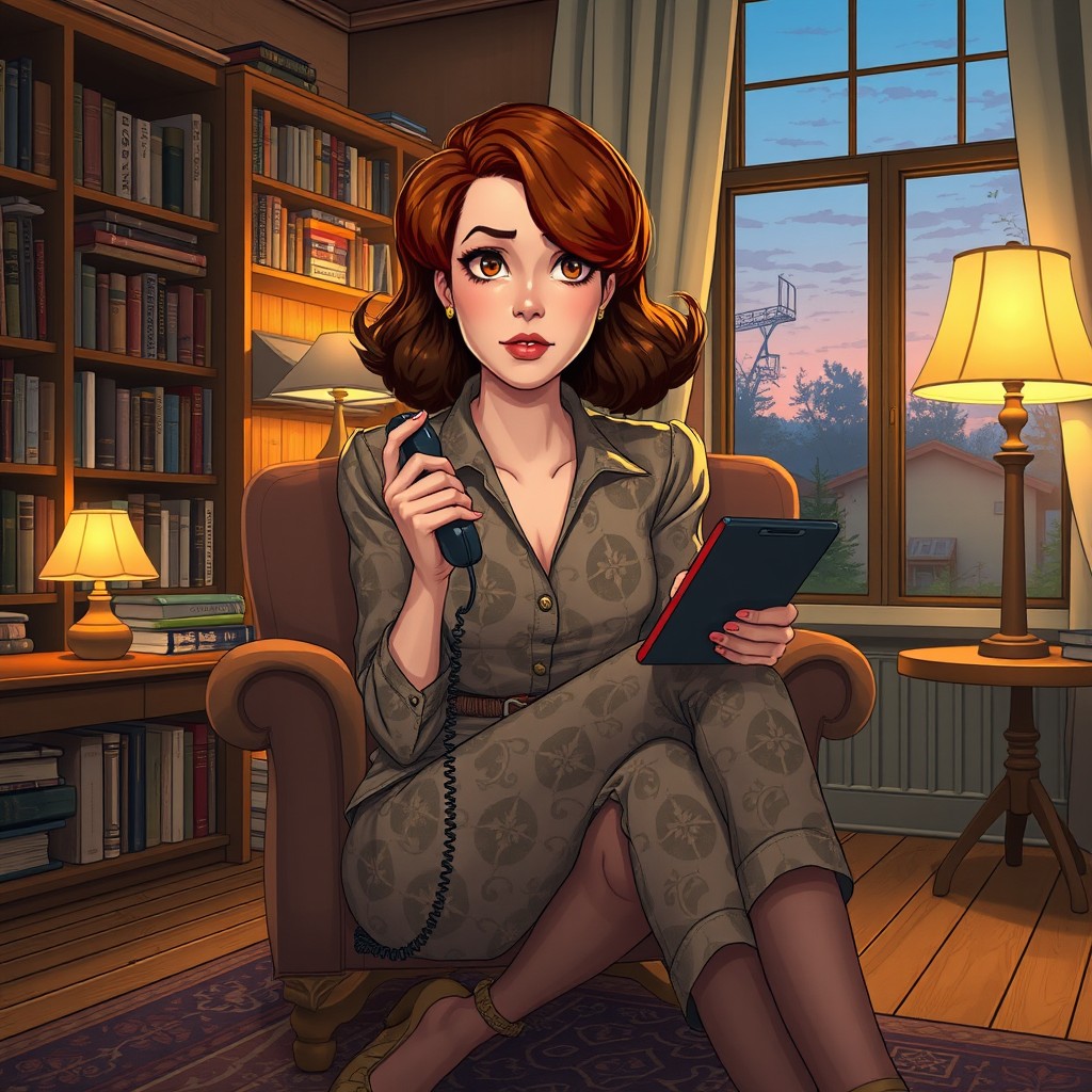 A captivating digital illustration featuring a woman sitting in a cozy, vintage-styled living room, holding an old-fashioned telephone with a puzzled expression