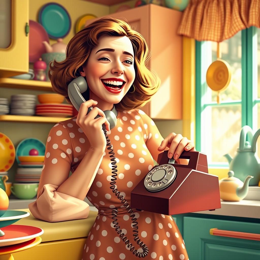 A vibrant, playful digital art piece showing a woman joyfully interacting with a vintage rotary phone in a whimsical, brightly colored kitchen