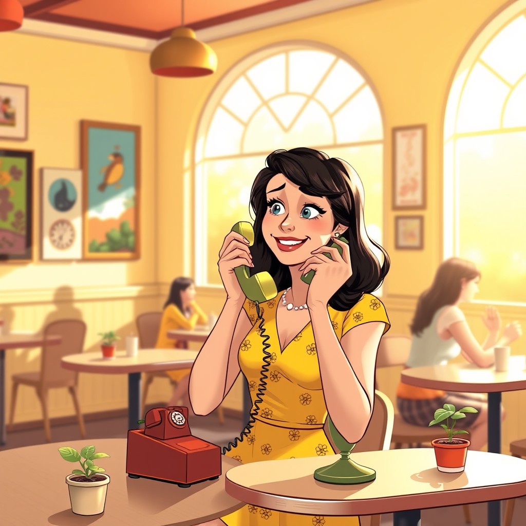 A delightful digital artwork depicting a woman in a bright, cheerful cafe, animatedly talking on a vintage telephone with a confused yet amused expression