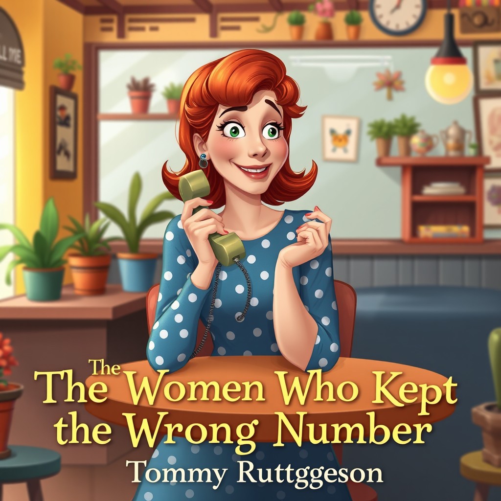 A charming digital artwork featuring a woman in a quaint, colorful cafe, engaged in a conversation on a vintage rotary phone, her face lit up with amusement and confusion
