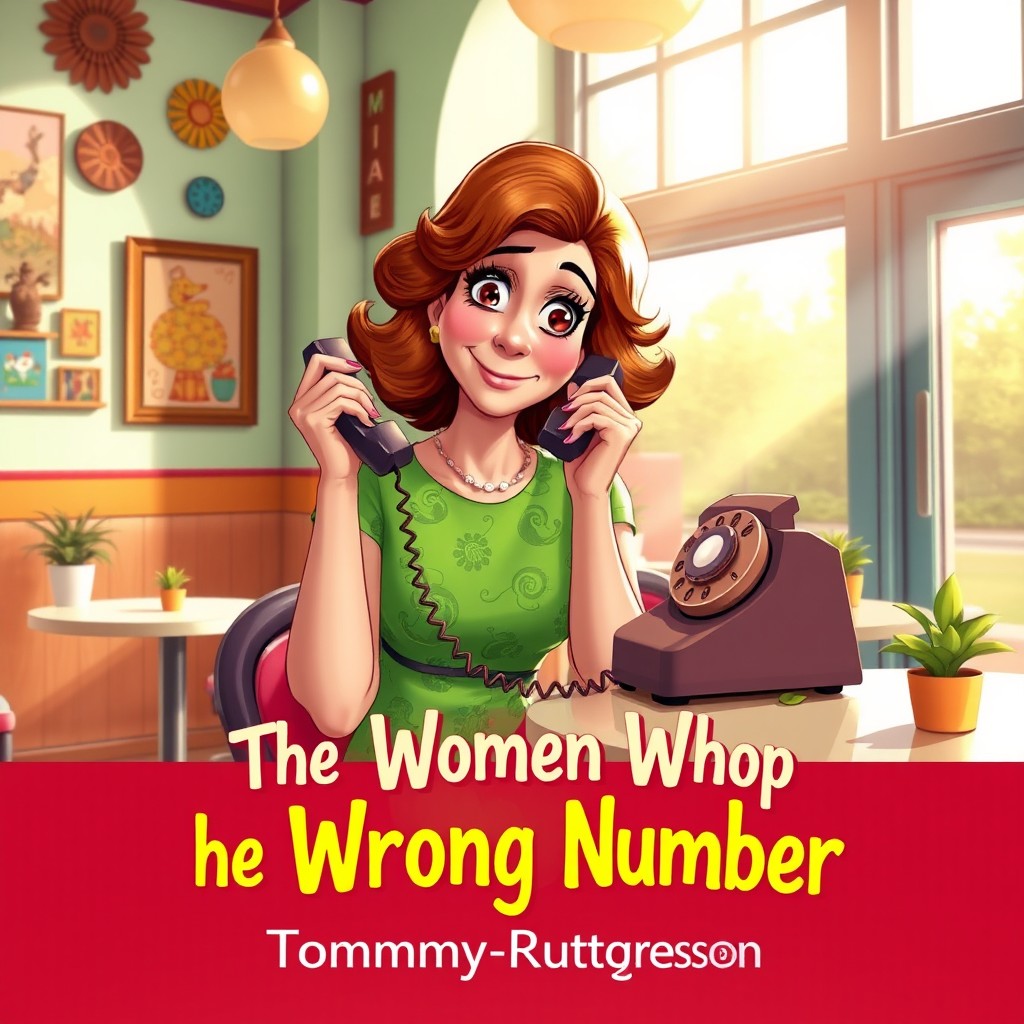 A lively digital artwork depicting a woman in a playful and colorful cafe setting, engrossed in conversation on a vintage rotary phone with a puzzled yet amused look on her face