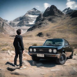 A sleek, black car parked in a rugged mountain area with a young boy standing nearby, curiously examining it.