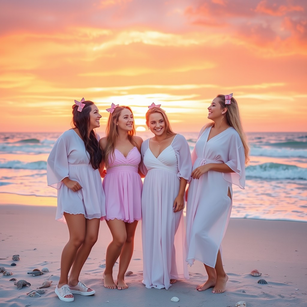 Three best friends, young women, standing together on a beach at sunset, all wearing matching pastel-colored outfits, like flowy sundresses or chic beach covers