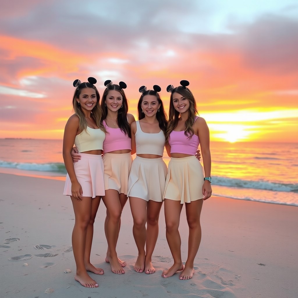Three best friends, young women, standing together on a beach at sunset, all wearing matching stylish outfits, like coordinated pastel-colored crop tops and skirts
