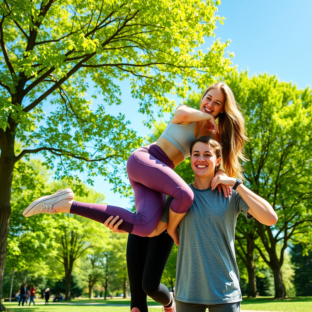 A cheeky and humorous scene in a playful context at a park, where a woman in stylish yoga pants is striking a playful pose while playfully sitting on a friend’s shoulders, creating a light-hearted moment