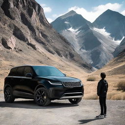 A sleek, black car parked in a rugged mountain area with a young boy standing nearby, curiously examining it.