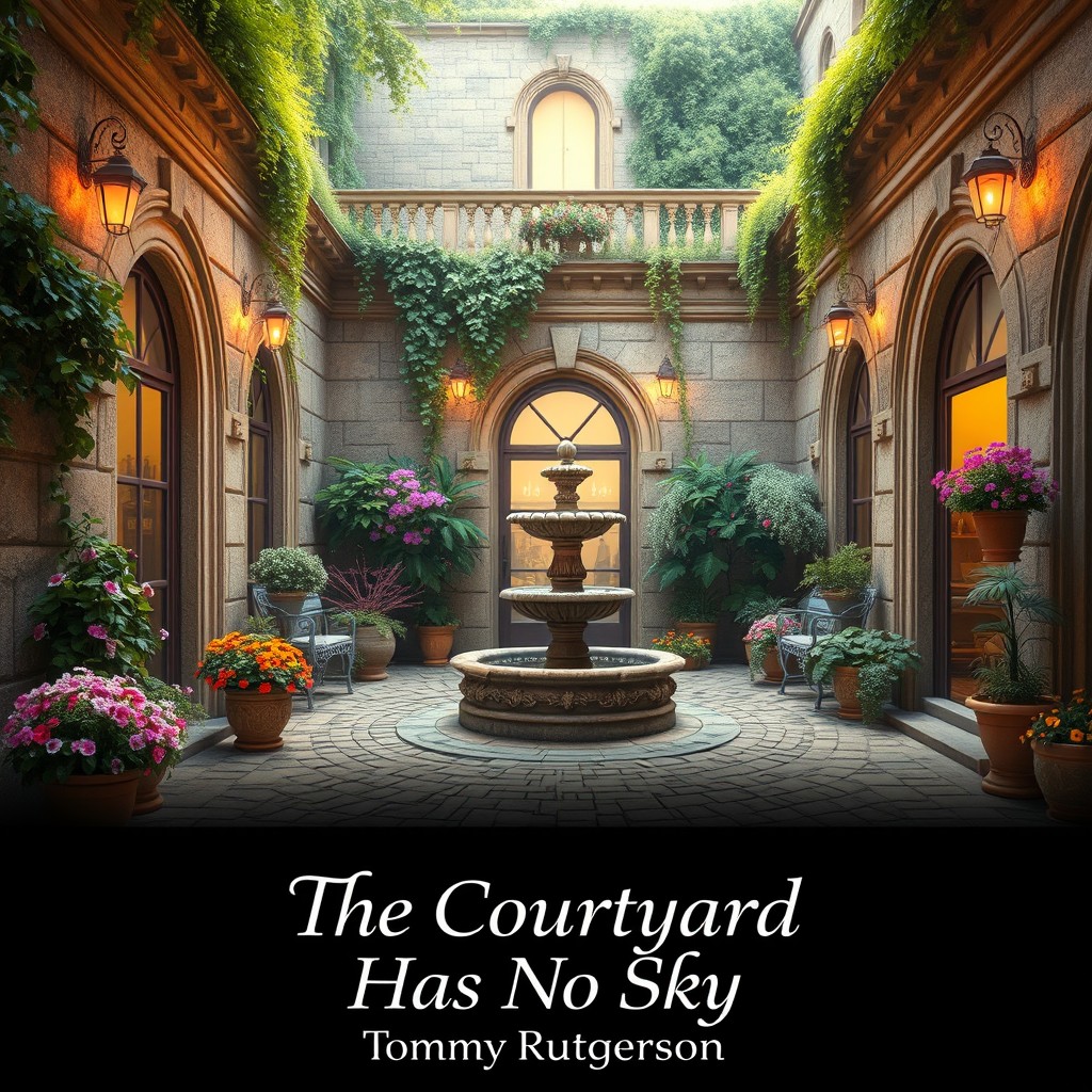 A captivating digital artwork of a serene courtyard scene with ornate stone walls and lush greenery, but notably, it has no sky overhead, creating a unique indoor-like atmosphere