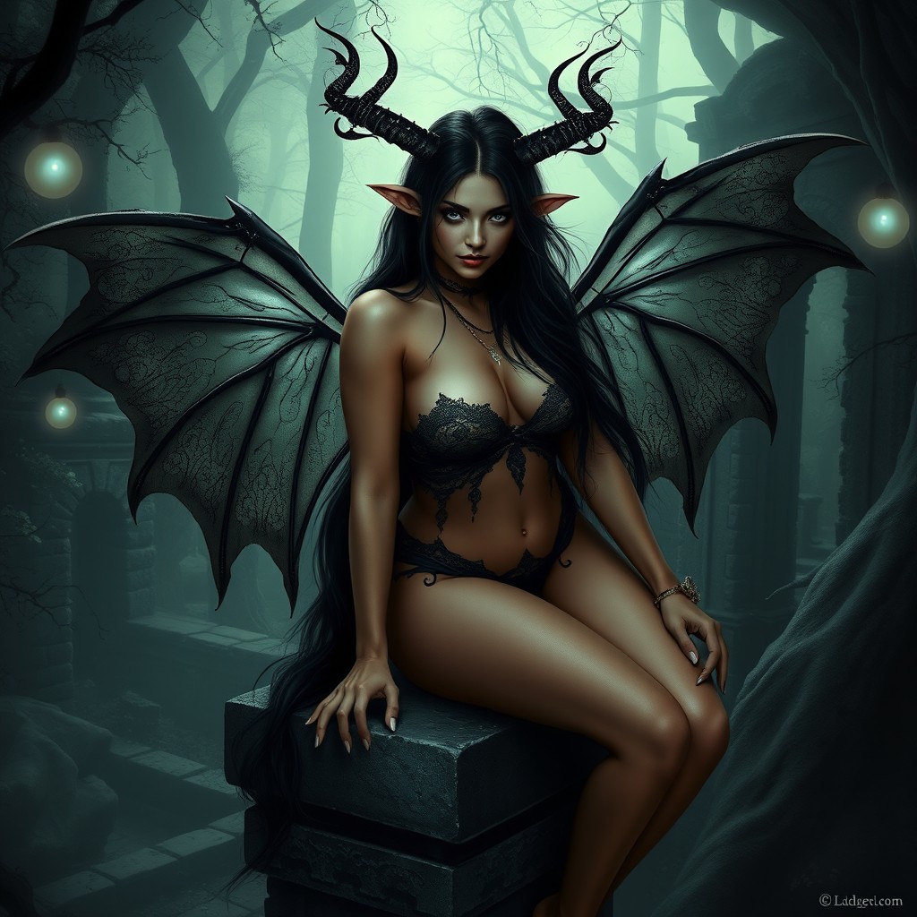 A mystical succubus with captivating eyes and mesmerizing features, perched gracefully on a gothic stone ledge