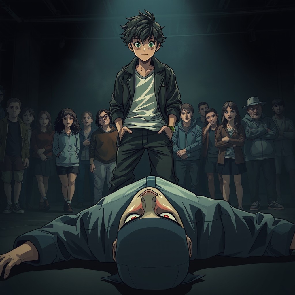 A dramatic scene featuring a boy main character standing confidently over the dead body of his victim, who is positioned in a theatrical manner with a surprised look
