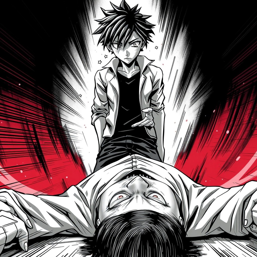 In a dynamic manga style, a boy main character stands assertively over the dead body of his victim, who has a lifeless gaze directed at the camera, creating a chilling connection with the viewer