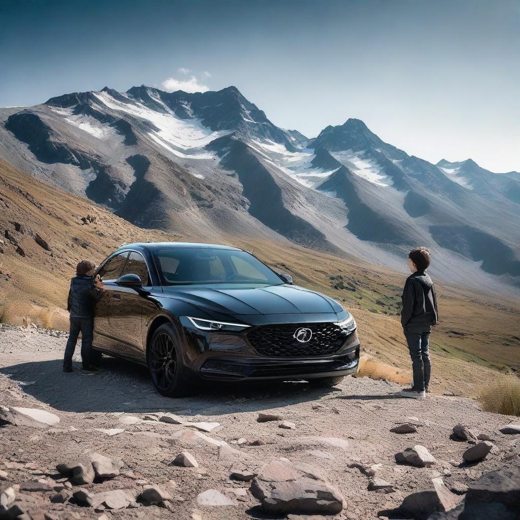 A sleek, black car parked in a rugged mountain area with a young boy standing nearby, curiously examining it.