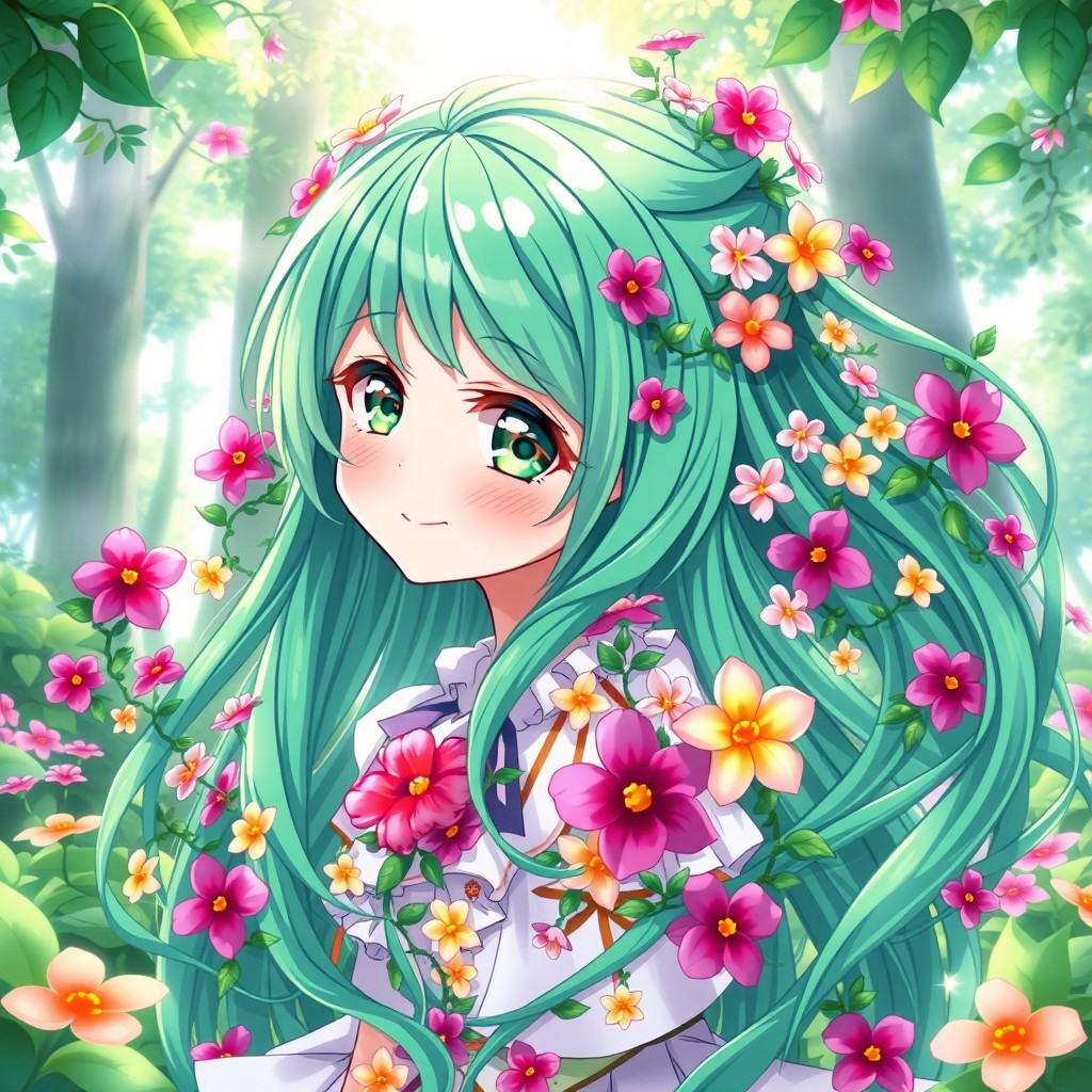 A vibrant anime-style girl with long flowing green hair intertwined with colorful flower vines