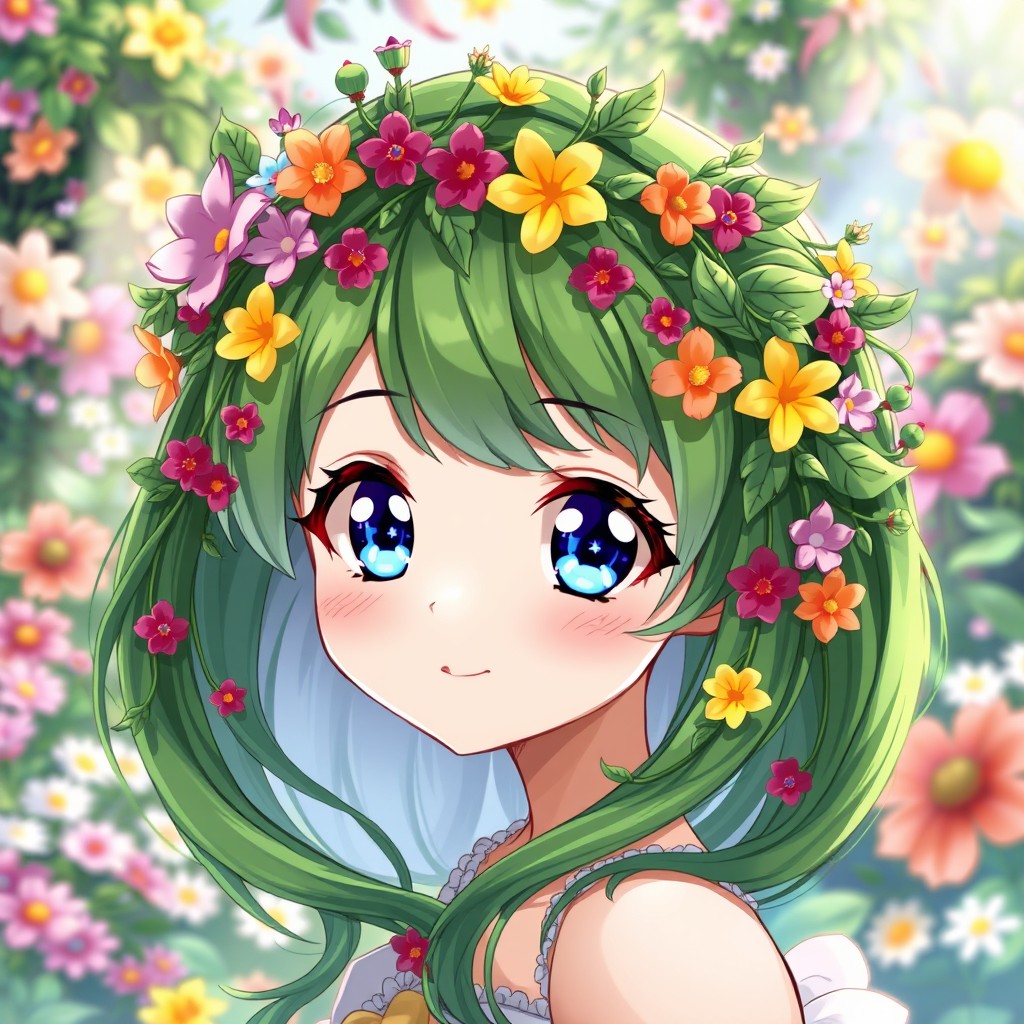 A vibrant, fantasy-inspired anime girl with flowing green hair styled into a floral vine wig