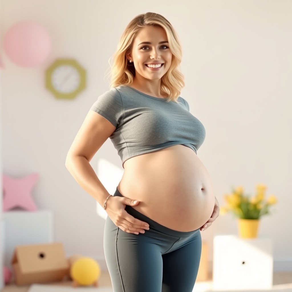 A cute blonde pregnant woman with a curvy figure, dressed in a stylish crop top and leggings