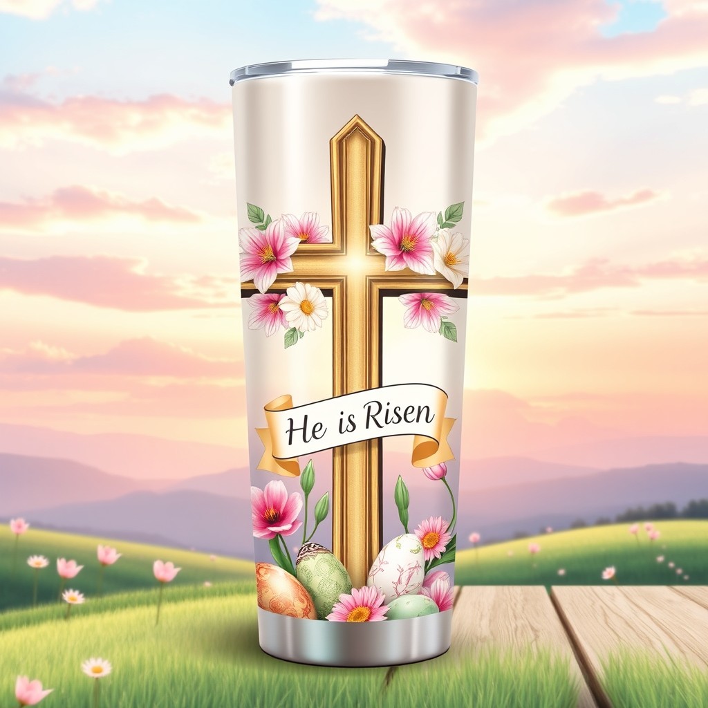 A beautiful design for a 20 oz skinny tumbler, featuring an Easter theme intertwined with Christian elements