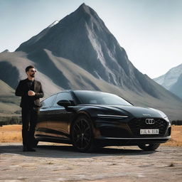 A sleek black car parked in the scenic mountain area with a 30 year old man standing in front of it