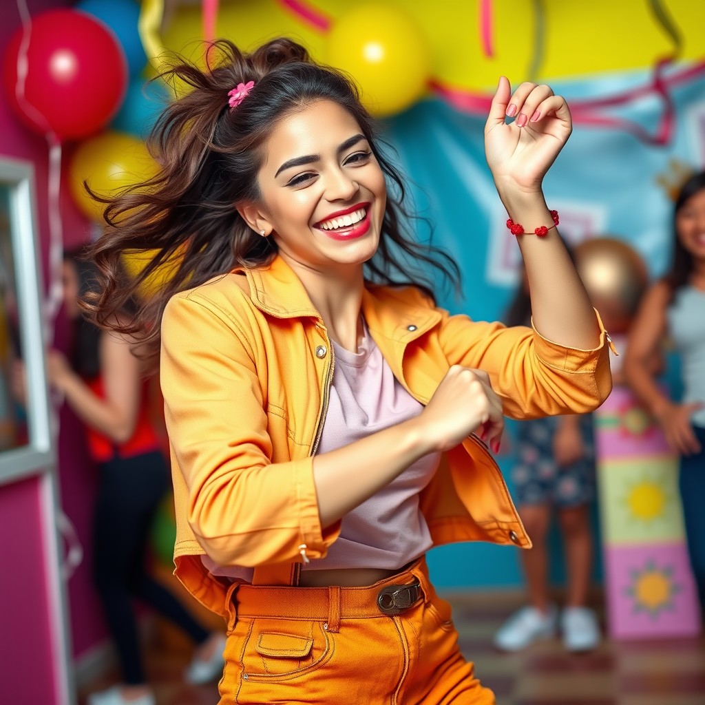 A playful young woman dancing joyfully in a vibrant and colorful environment, wearing stylish and trendy clothing that captures a sense of fun and energy