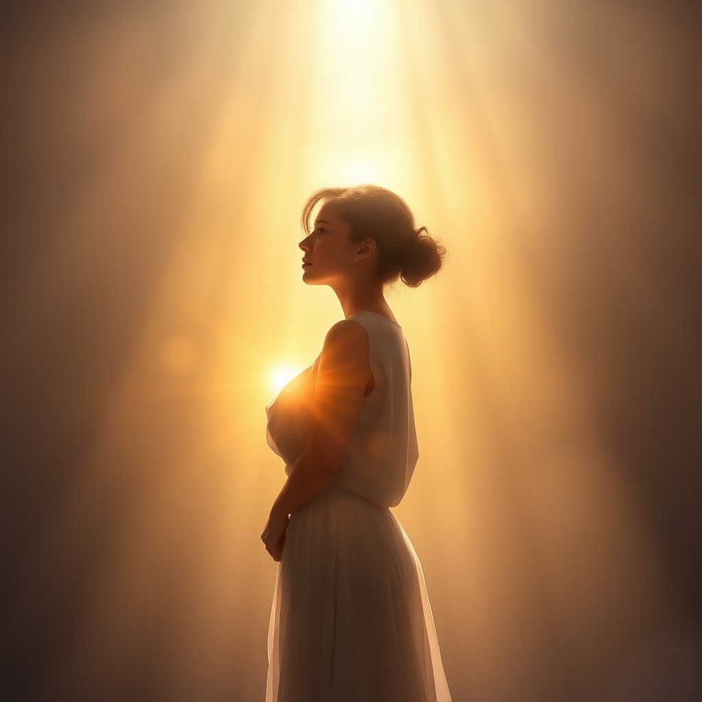A spiritually and emotionally evocative book cover featuring a young woman standing with her back or in profile, surrounded by dissipating shadows