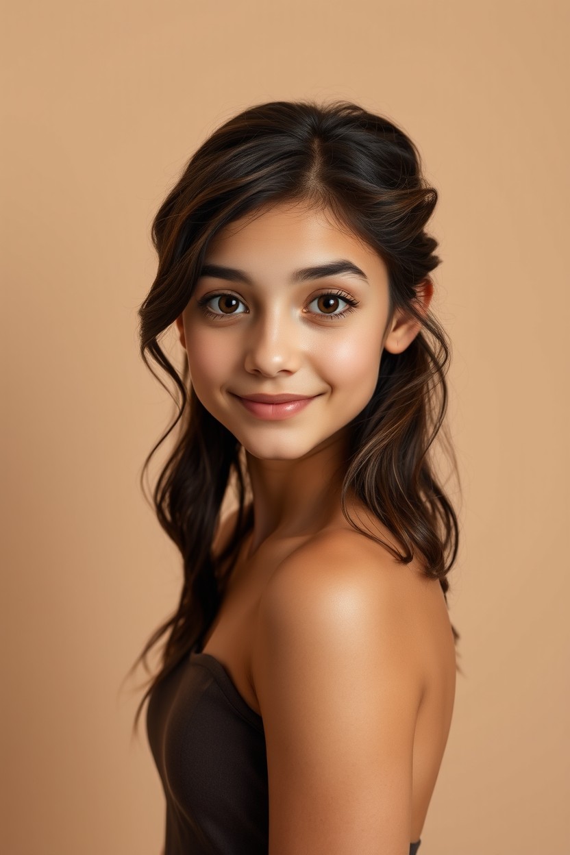 A full body portrait of a beautiful 20-year-old girl with dark brown, naturally wavy hair that falls just below her shoulders